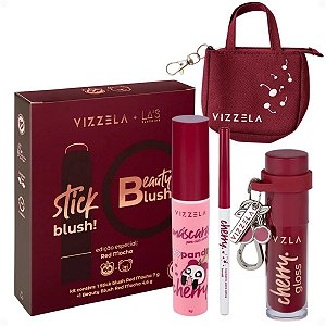 Kit Vizzela: Blush Stick e Compacto Red, Lapiseira, Gloss e Máscara de Cílios Cherry + Mimo