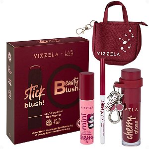 Kit Vizzela: Blush Stick e Compacto Red, Lapiseira, Gloss e Máscara de Cílios Mini Cherry + Mimo