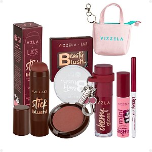 Kit Vizzela: Blush Stick e Compacto Red, Lapiseira, Gloss e Máscara de Cílios Mini Cherry + Mimo