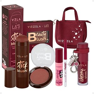 Kit Vizzela: Blush Stick e Compacto Red, Lapiseira, Gloss e Máscara de Cílios Mini Cherry + Mimo