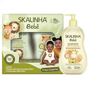 Kit Skalinha Bebê Glicerinado Cabelos Crespos e Cacheados: Shampoo e Condicionador 200ml + Sabonete Liquido 200ml