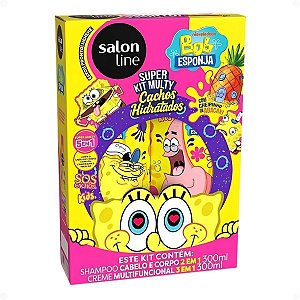Kit Salon Line Kids Bob Esponja Sos Cacho Multy: Shampoo Cabelo e Corpo e Creme Multifuncional 300ml