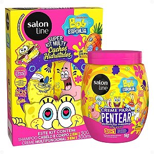 Kit Salon Line Kids Bob Esponja Sos Cachos: Shampoo e Creme Multifuncional 300ml + Creme Para Pentear 1kg
