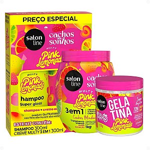 Kit Salon Line Pink Lemonade Cachos Dos Sonhos: Shampoo, Creme Multy, Creme Capilar 1kg e Gelatina Capilar 550g