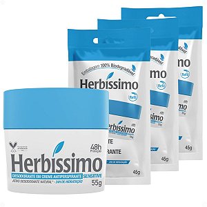 Kit Herbíssimo Desodorante Creme Antitranspirante Sensitive 55g + 3 Refis 45g