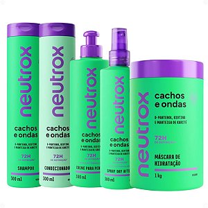 Kit Neutrox Cachos e Ondas: Shampoo, Condicionador 300ml, Máscara Capilar 1kg, Creme Para Pentear e Spray Day After 300ml