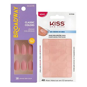 Kit Kiss New York: Unhas Postiças Stiletto Médio Forest e Abas Adesivas De Unhas
