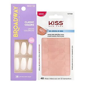 Kit Kiss New York: Unhas Postiças Bailarina Longo Denim e Abas Adesivas De Unhas
