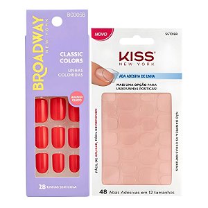 Kit Kiss New York: Unhas Postiças Quadrado Curto Vintage e Abas Adesivas Unhas