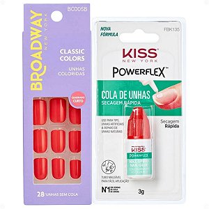 Kit Kiss New York: Unhas Postiças Quadrado Curto Vintage e Cola De Unhas 3g