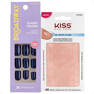 Kit Kiss New York: Unhas Postiças Quadrado Curto Baby Blue e Abas Adesivas Unhas