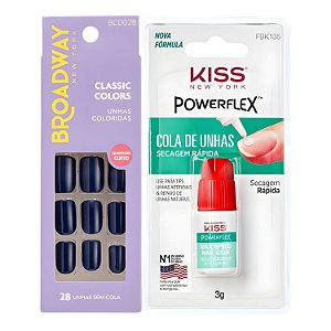 Kit Kiss New York: Unhas Postiças Quadrado Curto Baby Blue e Cola De Unhas 3g