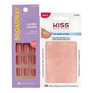 Kit Kiss New York: Unhas Postiças Quadrado Curto Smoothie e Abas Adesivas Unhas