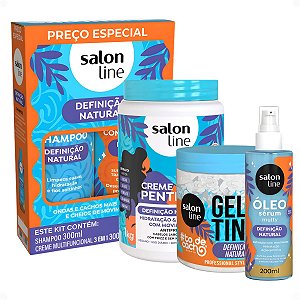 Kit Salon Line Definição Natural: Shampoo, Creme Multifuncional 300ml, Creme Para Pentear 1kg, Óleo Sérum 200ml e Gelatina Capilar 550g