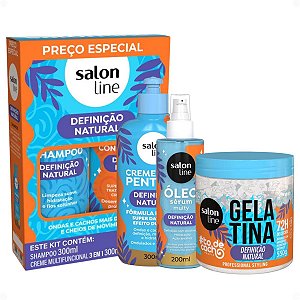 Kit Salon Line Definição Natural: Shampoo, Creme Multifuncional 300ml, Creme Para Pentear 300ml, Óleo Sérum 200ml e Gelatina Capilar 550g