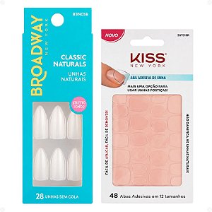 Kit Kiss New York: Unhas Postiças Stiletto Longo Power e Abas Adesivas De Unhas