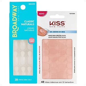 Kit Kiss New York: Unhas Postiças Quadrado Curto Courage e Abas Adesivas De Unhas