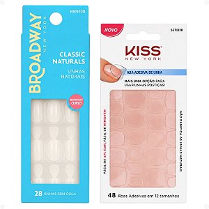Kit Kiss New York: Unhas Postiças Quadrado Curto Courage e Abas Adesivas De Unhas