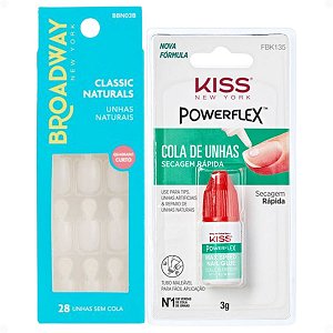 Kit Kiss New York: Unhas Postiças Quadrado Curto Courage e Cola De Unhas 3g