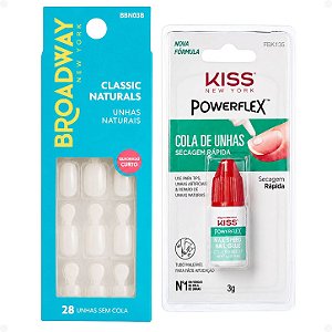 Kit Kiss New York: Unhas Postiças Quadrado Curto Courage e Cola De Unhas 3g
