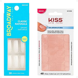 Kit Kiss New York: Unhas Postiças Quadrado Longo No Limit e Abas Adesivas De Unhas
