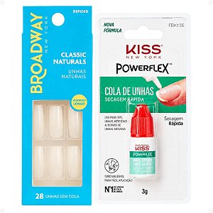 Kit Kiss New York: Unhas Postiças Quadrado Longo No Limit e Cola De Unhas 3g