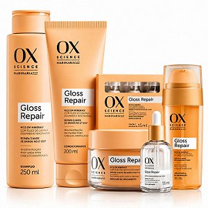 Kit Ox Mari Maria Hair Gloss Repair: Shampoo 250ml, Condicionador 200ml, Máscara 180g, 3 Ampolas, Sérum 30ml e Óleo Capilar 55ml
