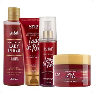 Kit Kiss Ny Lady In Red: Sabonete Líquido 300ml, Esfoliante Corporal 280g, Body Splash 200ml e Loção Hidratante 180ml