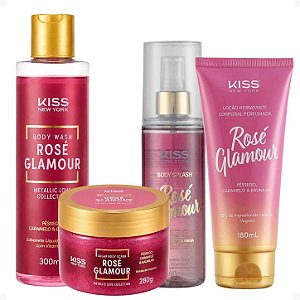 Kit Kiss New York Rosé Glamour: Sabonete Líquido 300ml, Esfoliante 280g, Body Splash 200ml e Loção Hidratante 180ml