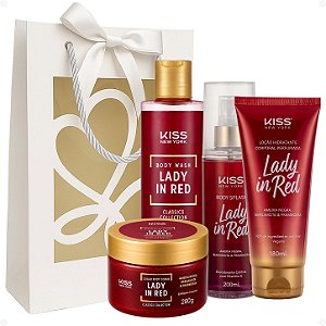 Kit Presente Kiss New York Lady In Red: Sabonete Líquido 300ml, Esfoliante 280g, Body Splash 200ml e Hidratante 180ml