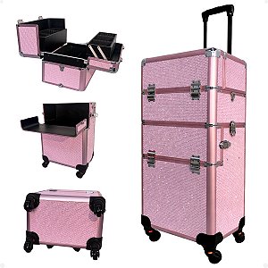 Maleta Carrinho 2 em 1 Klass Vough 2 Andares 4 Rodinhas Rosa com Brilho DB-913R