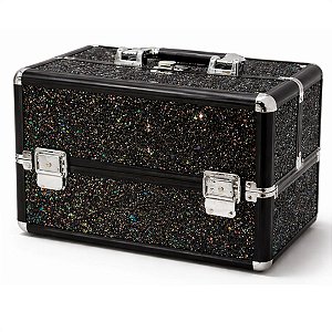 Maleta de Maquiagem Cisne Linha Shine Preto Glitter e Preto com 3 Bandejas Csn-5171b