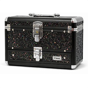 Maleta de Maquiagem Cisne Linha Shine Preto Glitter e Preto com 1 Bandeja e Gaveta Csn-5141b