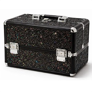 Maleta de Maquiagem Cisne Linha Shine Preto Glitter e Preto com 2 Bandeja Csn 5142B