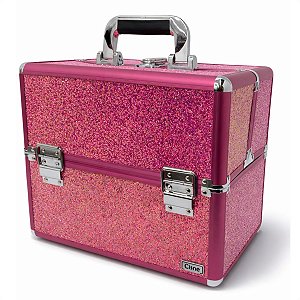 Maleta de Maquiagem Cisne Linha Shine Pink Glitter e Rosa com 3 Bandeja com divisoria Csn 5192B
