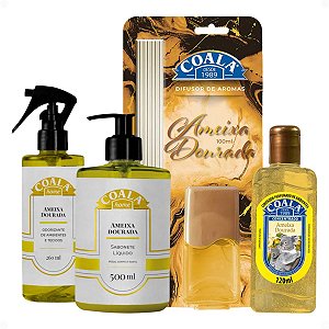 Kit Coala Ameixa Dourada: Limpador Perfumado 120ml, Sabonete Líquido 500ml, Odorizante De Ambientes 260ml e Difusor De Aromas 100ml