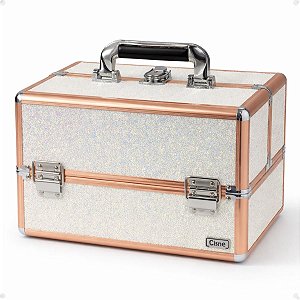 Maleta de Maquiagem Cisne Linha Shine Branca Glitter e Rose com 3 Bandejas Csn-5171b