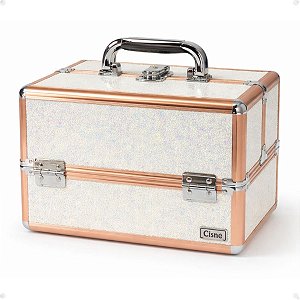 Maleta de Maquiagem Cisne Linha Shine Branco Glitter e Rose com 2 Bandeja Csn 5142B