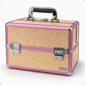 Maleta de Maquiagem Cisne Linha Shine Salmão Glitter e Rosa com 3 Bandejas Csn-5171b
