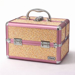 Maleta de Maquiagem Cisne Linha Shine Salmão Glitter e Rosa com 2 Bandeja Csn-5142B