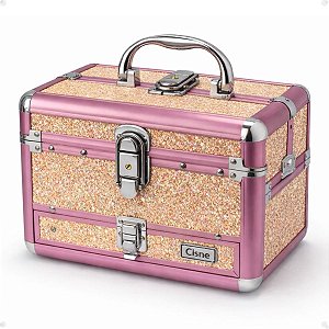 Maleta de Maquiagem Cisne Linha Shine Salmão Glitter e Rosa com 1 Bandeja e Gaveta Csn-5141b
