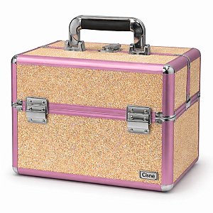 Maleta de Maquiagem Cisne Linha Shine Salmão Glitter e Rosa com 3 Bandeja com divisoria Csn-5192B