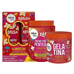 Kit Salon Line Xêrosa Glamour Chic: Shampoo 300ml, Condicionador Multy 200ml, Creme Para Pentear 800g e Gelatina Capilar 500g