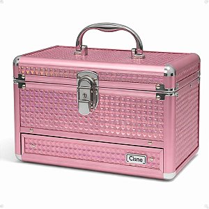 Maleta de Maquiagem Cisne Rosa e Prata com 1 Bandeja e Gaveta Csn-a140