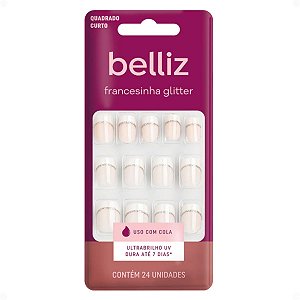 Unhas Postiças Belliz Francesinha Glitter Quadrado Curto Com 24 unidades Cód.:1206