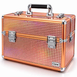 Maleta de Maquiagem com Alça Cisne Salmão e Prata com 2 Bandejas Csn-a182