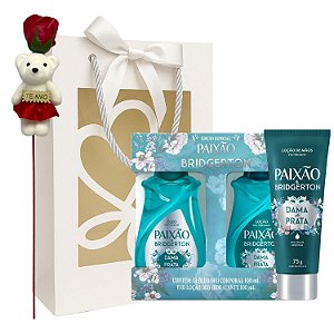 Kit Presente Paixão & Bridgerton: Loção Hidratante, Óleo Corporal 100ml e Loção Hidratante De Mãos 75g + Sacola e Rosa com Ursinho