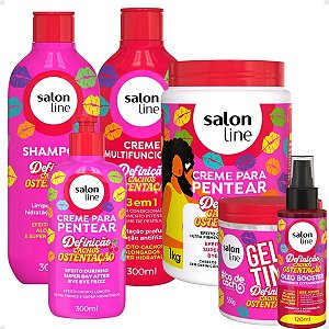 Kit Salon Line Definição Cachos Ostentação: Shampoo e Creme Multifuncional + Gelatina, Óleo Booster , Creme de Pentear 300ml e 1kg