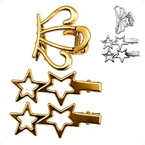 Kit Acessórios Para Cabelo: 1 Piranha Coroa e 2 Bico de Pato Estrela Df415