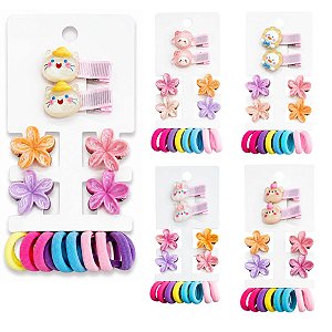 Kit Acessórios Para Cabelo Infantil: 2 Presilhas, 4 Piranhas e 10 Elásticos Df418-pr4904-1